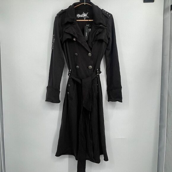 Röxxtar Black Pirate Coat Military Style Trench Coat Long Jacket Size 2 NWT - Picture 1 of 9